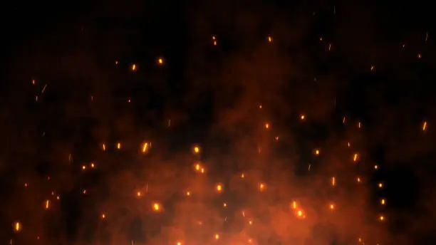 Burning red hot sparks rise from large fire in the night sky. Beautiful abstract background on the theme of fire, light and life. Fiery orange glowing flying particles over black background in 4k