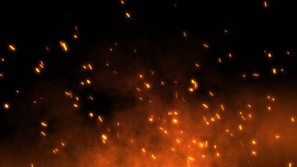Burning red hot sparks fly away from large fire in the night sky Burning red hot sparks rise from large fire in the night sky. Beautiful abstract background on the theme of fire, light and life. Fiery orange glowing flying away particles over black background in 4k sparks stock pictures, royalty-free photos & images