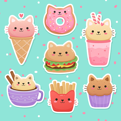 Milkshake, ice cream, donut, hamburger, muffin, cappuccino, french fries. Kawaii vector set