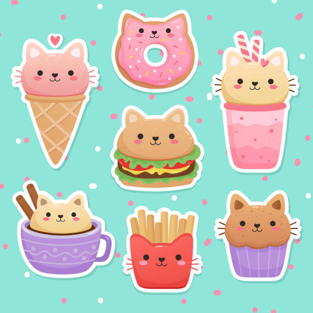 Illustrations of food in the shape of a cute cat. Milkshake, ice cream, donut, hamburger, muffin, cappuccino, french fries. Kawaii vector set kawaii cat stock illustrations