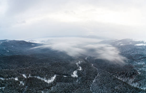 Winter higth in Carpatian mountains, beautiful dawn landscape with a bird's eye view, drone camera.