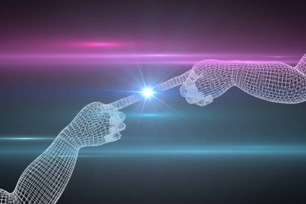 istock Robotic Hand connecting, Artificial Intelligence Concept with lens flare 998293420