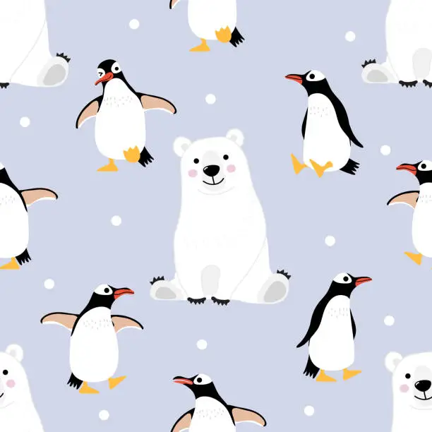 Vector illustration of Polar bear and penguin seamless pattern and background. Wildlife animal cartoon character vector.