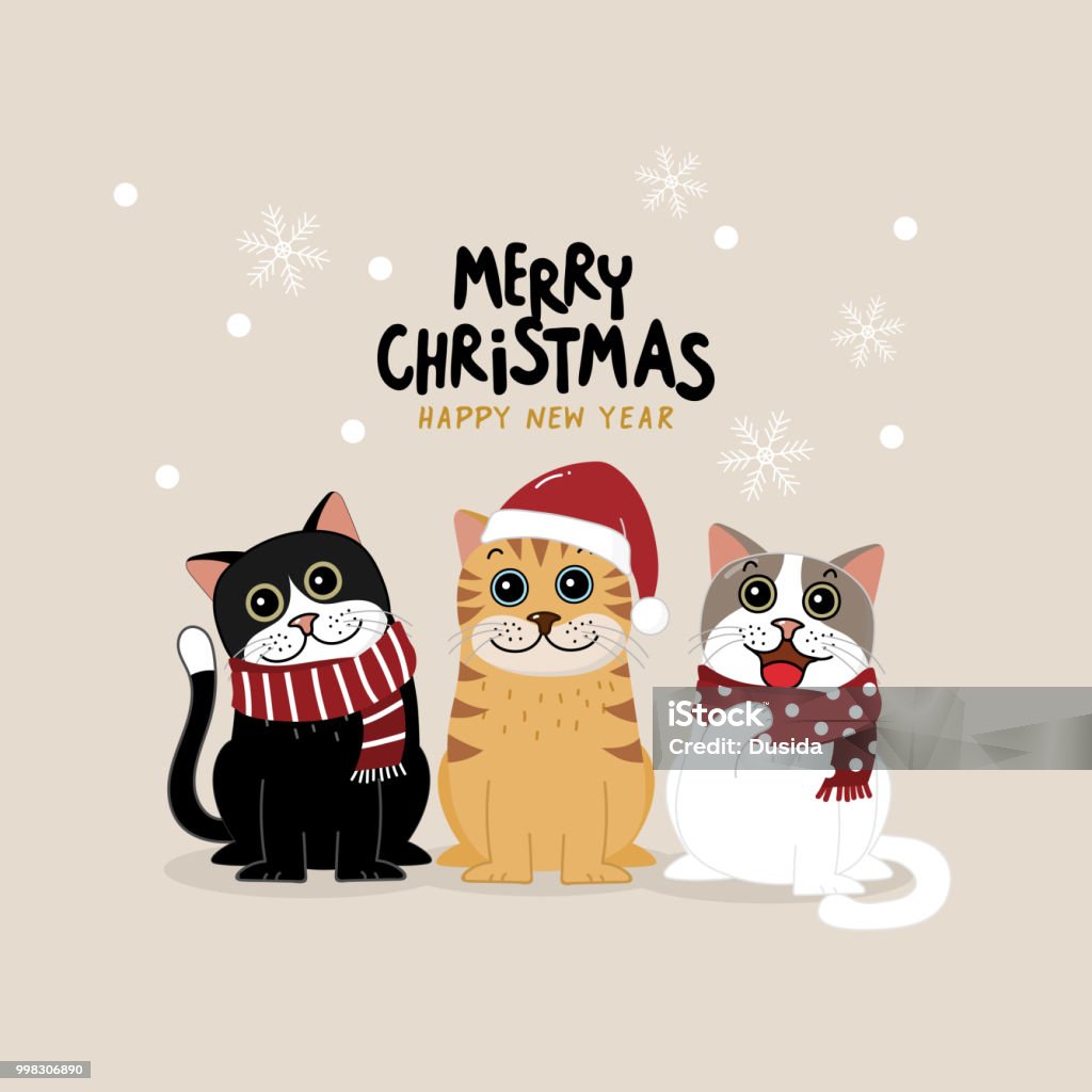 Feliz Natal cartão com gato bonito usar roupas de inverno. Vetor de personagem de desenho animado boas festas. - Vetor de Natal royalty-free