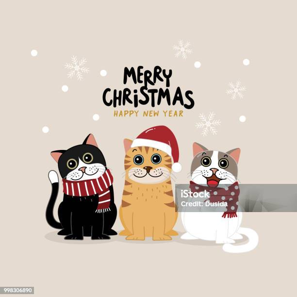 Vetores de Feliz Natal Cartão Com Gato Bonito Usar Roupas De Inverno Vetor De Personagem De Desenho Animado Boas Festas e mais imagens de Natal