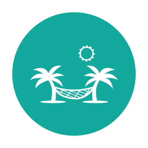 Vector illustration of Summer hammock and palms vector icon on blue background