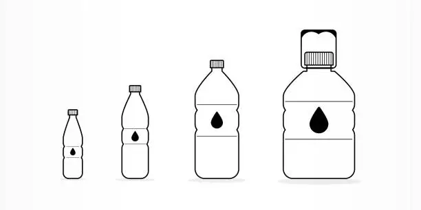 Vector illustration of Plastic bottles with water icon set. Different sizes. Black outline. Vector illustration, flat design