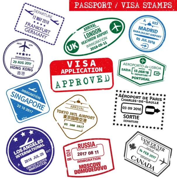 Vector illustration of set of grunge visa and passport rubber stamp