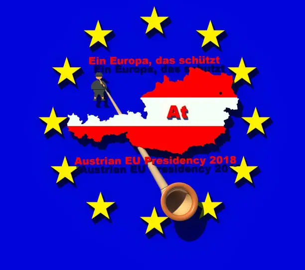 Sign, symbol, logo of Austrian EU council presidency 2018 3D render. Austran flag map, EU flag, traditional alphorn, 3d text, motto. Austrian motto "Ein Europa, das shützt" in English means - Europe that protects. Collection.