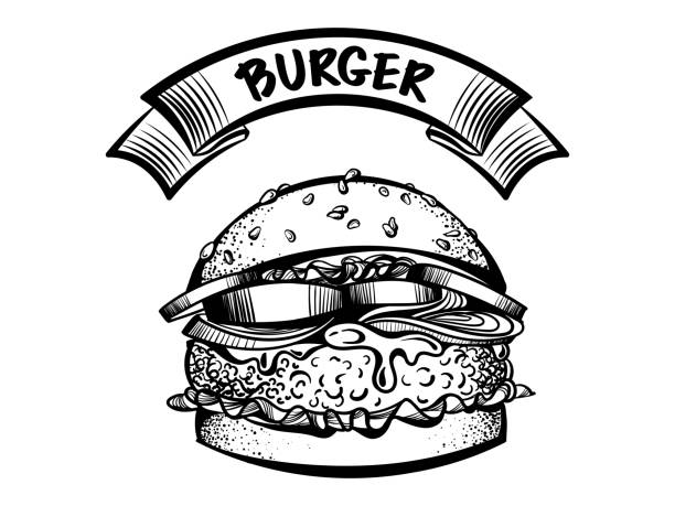 ilustracja wektorowa burgera. ręcznie rysowany styl graficzny ze wstążką. hipster logo kanapki izolowane na białym tle. - hamburger bun barbecue sign stock illustrations