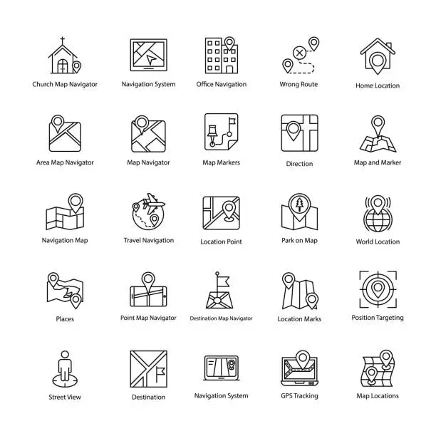 Vector illustration of Map and Navigation Line Icons Set