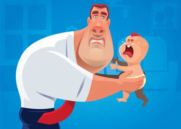 Vector illustration of muscular businessman holding crying baby