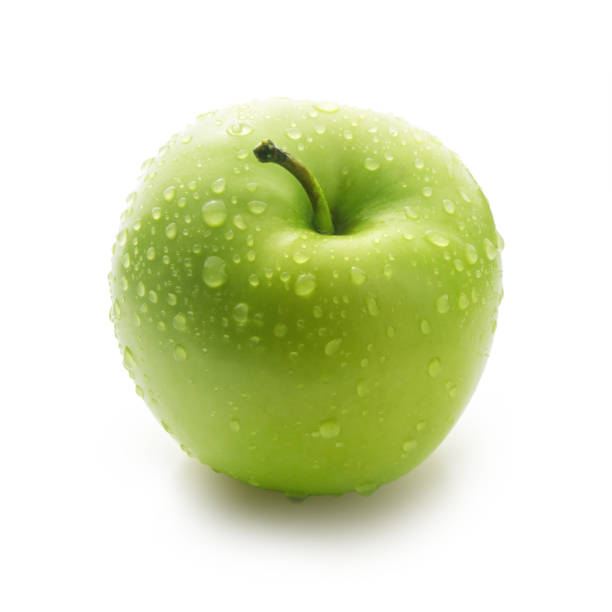 istock Fresh green apple covered with shiny water drops isolated on white background 998407326