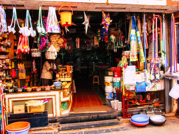Ratnagiri Maharashtra India December 23, 2017 View of supplies sold in a shop in the main street of Ratnagiri in the afternoon