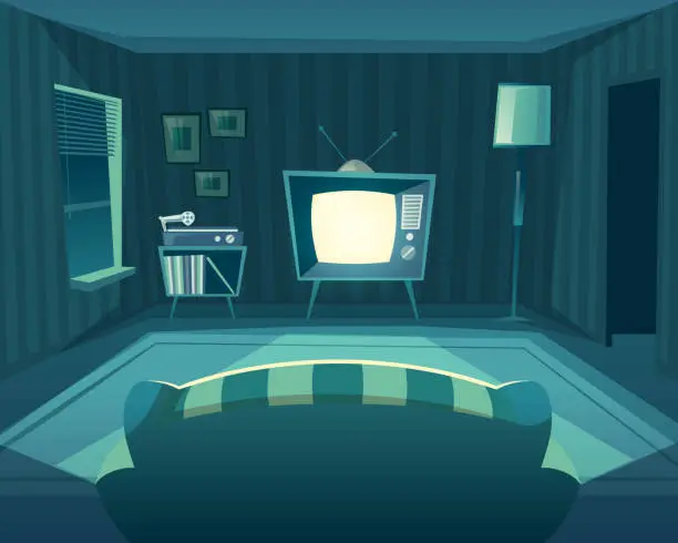 Vector illustration of Vector cartoon living room at night, interior