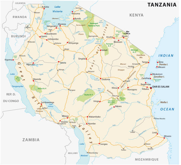United Republic of Tanzania road vector map United Republic of Tanzania road vector map. republic of tanganyika stock illustrations