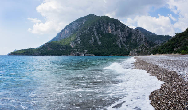 Colorful panoramic view of Olympos Beach in Antalya.