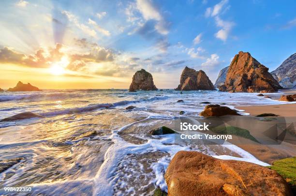 Portugal Ursa Beach Sunset At Atlantic Ocean Stock Photo - Download Image Now - Beach, Portugal, Sun