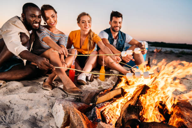 istock happy young multiethnic friends roasting marshmallows at bonfire on beach 998422390