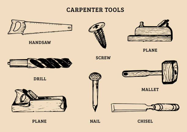 Vector drawing of carpentry tools.Illustration of wood works equipment elements. Vector drawing of carpentry tools. Illustration of wood works equipment elements. chisel stock illustrations