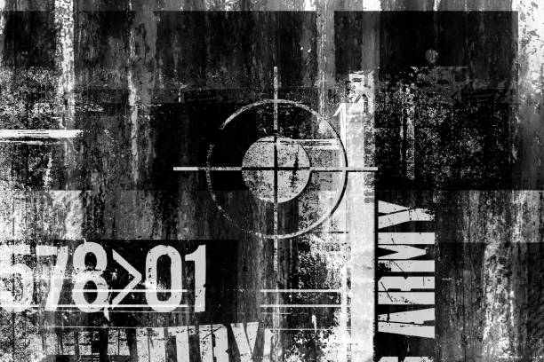 Crosshair sign on old grungy surface. Rifle scope symbol. Target mark. Us army text Crosshair sign on old grungy surface. Rifle scope symbol. Target mark. Us army text. Grunge black and white illustration sniper stock pictures, royalty-free photos & images