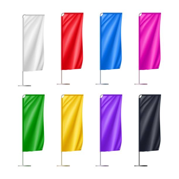 Colorful beach flags set isolated on white Colorful beach flags set isolated on white background. Realistic teardroup blank flag for outdoor event presentation, business promotion or sport competition. Vertical marketing vector objects feather flag stock illustrations