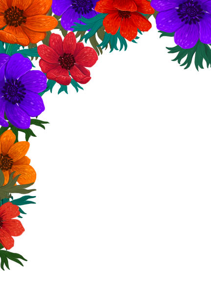 istock Magic flowers template. Beautiful wild garden design. Color pencil digital illustration. Vertical Design with beautiful anemones and copy space on white background. invitation, wedding greeting cards 998440780