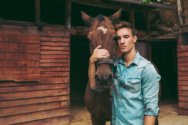 Young man stroking a brown horse