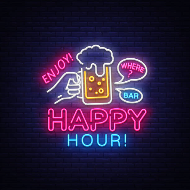 vektor-happy-hour-leuchtreklame. happy hour-design-vorlage-neon zeichen, nachtessen, feier leichte banner, neon schild, nächtlichen hell werbung, leichte inschrift. vektor-illustration - party hat cocktail time drink stock-grafiken, -clipart, -cartoons und -symbole