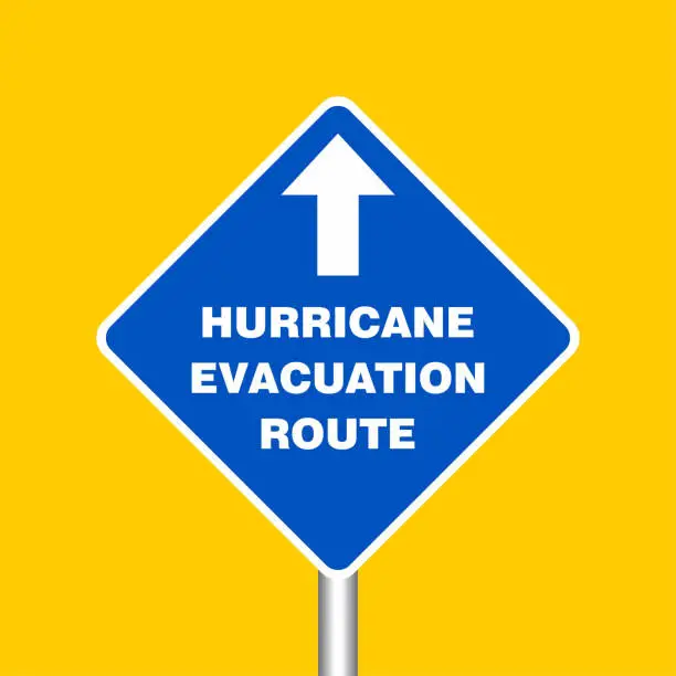 Vector illustration of Hurricane Evacuation Route Sign Board, Hurricane indication. Graphic banner of hurricane warning. Icon, sign, symbol, indication of the hurricane, vortex, tornado