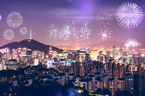 New Year Celebrations and Seoul cityscape seen from above - South Korea