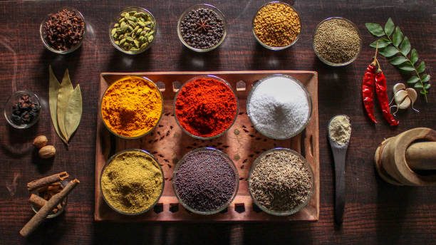 indian spices and essential kitchen ingredients - indian culture spice cooking herb imagens e fotografias de stock