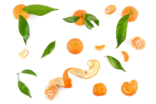 Top view of mandarins with leaves isolated on white background