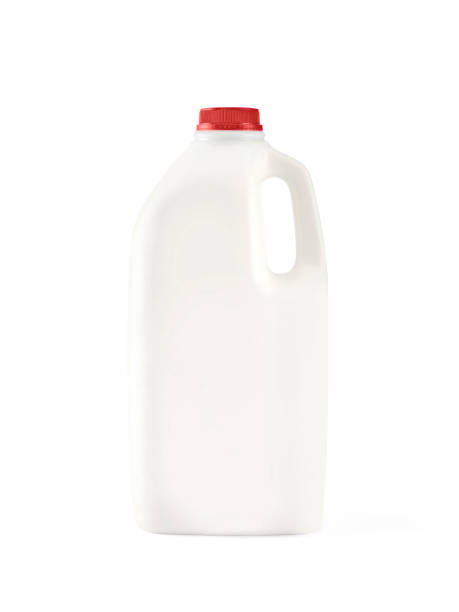bottiglia di latte su sfondo bianco - milk bottle milk plastic bottle foto e immagini stock