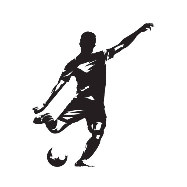 piłkarz kopiąc piłkę, abstrakcyjny rysunek wektorowy. sportowiec. odosobniona sylwetka, widok z boku - soccer player stock illustrations