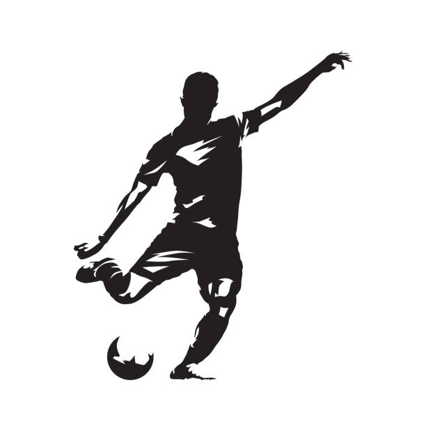 ilustrações, clipart, desenhos animados e ícones de jogador de futebol chutando a bola, desenho abstrato vetorial. atleta de futebol. silhueta isolada, vista lateral - soccer