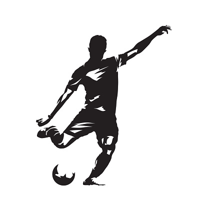 Football player kicking ball, abstract vector drawing. Soccer athlete. Isolated silhouette, side view
