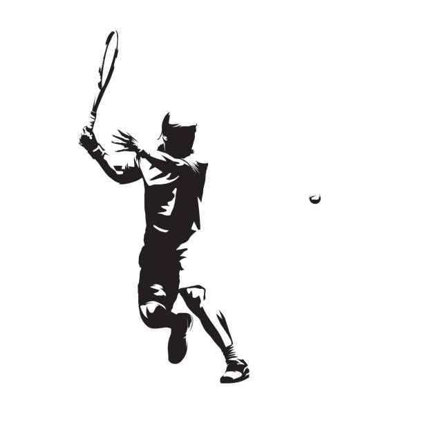 illustrazioni stock, clip art, cartoni animati e icone di tendenza di tennista silhouette vettoriale isolata, disegno astratto dell'inchiostro dell'atleta di tennis. dritto. sport estivo individuale, persone attive - tennis silhouette back lit tennis ball