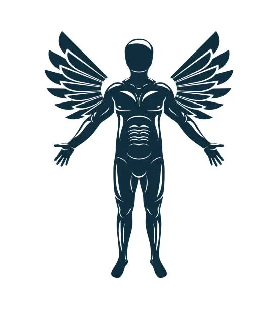 Vector illustration of Vector graphic illustration of human, individuality created with bird wings. Guardian angel metaphor.