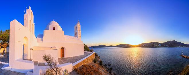 The famous old church of Agia Irini, at the entrance of Yalos , the port of Ios island, Cyclades, Greece.