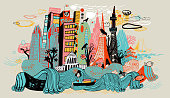 istock Colorful drawing of Tokyo skyline showing Japanese cultural icons. 998514046