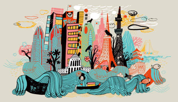 Colorful drawing of Tokyo skyline showing Japanese cultural icons. Hand drawn, colorful illustration showing Tokyo buildings, cherry trees, and koi carp which are iconic Japanese cultural icons. famous place illustrations stock illustrations