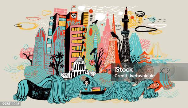 Colorful Drawing Of Tokyo Skyline Showing Japanese Cultural Icons Stock Illustration - Download Image Now