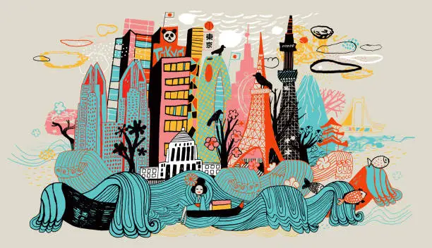 Vector illustration of Colorful drawing of Tokyo skyline showing Japanese cultural icons.