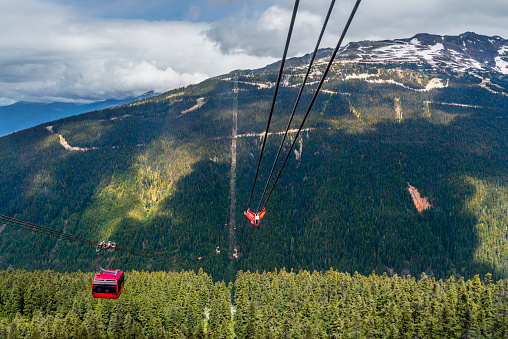 top view of the tops of the trees, the cable car and gondolas with people riding to the mountains, country roads in the mountains, snow, on the rocky peaks, blue sky with white