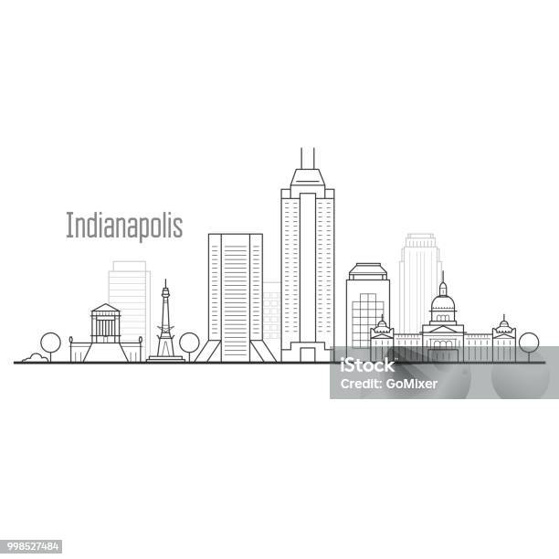 Indianapolis City Skyline Downtown Cityscape Towers And Landmarks In Liner Style Stock Illustration - Download Image Now