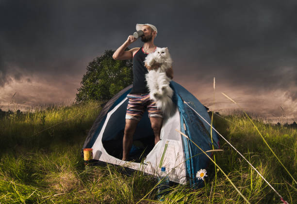 A strong independent man with a large white Persian cat. They admire the excellent view