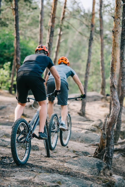 istock rear view of trial bikers riding at beautiful pine forest 998547244