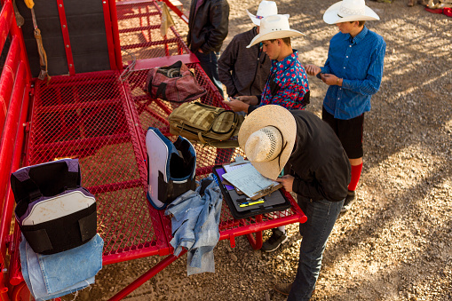 young cowboys getting prepared for rodeo at paddock arena of nephi in Salt lake City SLC Utah USA