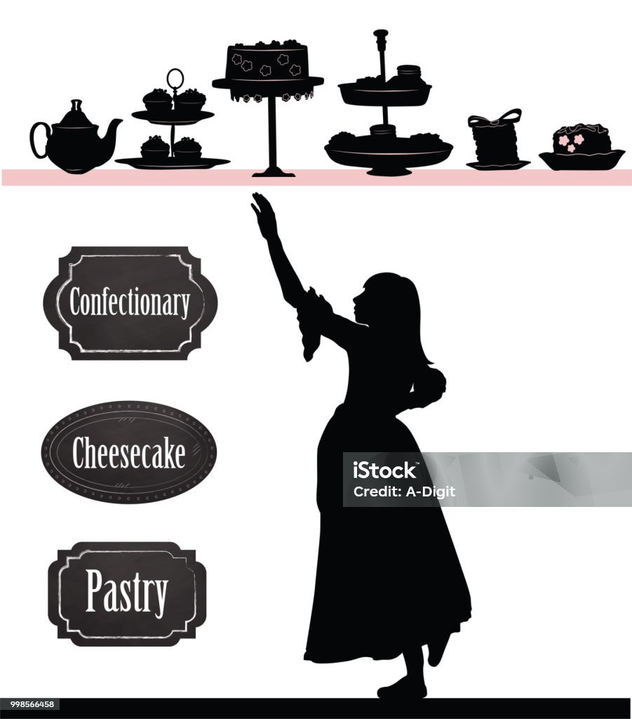 Pastry Shop Temptation Little girl vector silhouette and pasty shop signs Bakery stock vector